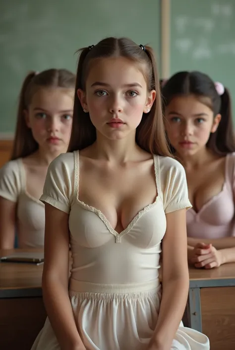 real photograph, 4 young looking incredibly busty Slovak teen girls with cute innocent frightened faces, skinny bodies, and large heavy plump breasts, in a classroom, cute short sleeve nylon deep cleavage bodysuits tucked into skirts, pouty expressions, li...