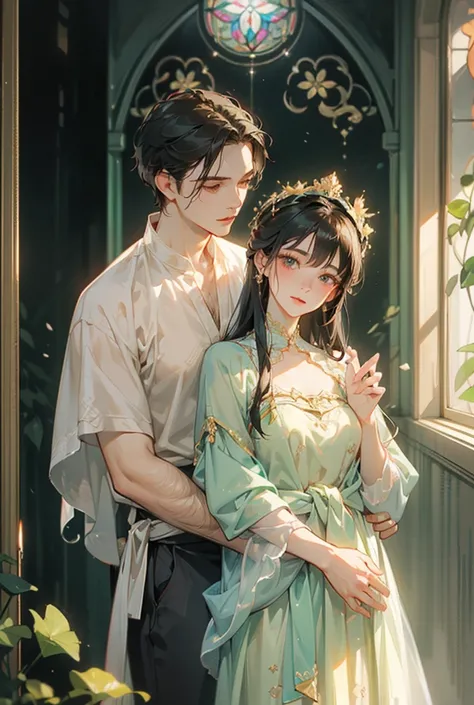 "An artistic depiction of warmth and romance between two women in an atmosphere bathed in golden light streaming through stained-glass windows. The two characters face each other intimately, one gently holding the collar or fabric of the other’s outfit, wh...