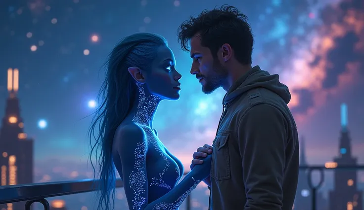 "Illustrate a hyper-realistic romantic moment between a human and an alien woman, their connection defying the boundaries of their worlds. The alien woman has smooth sapphire-blue skin with intricate, glowing bioluminescent patterns across her arms and nec...