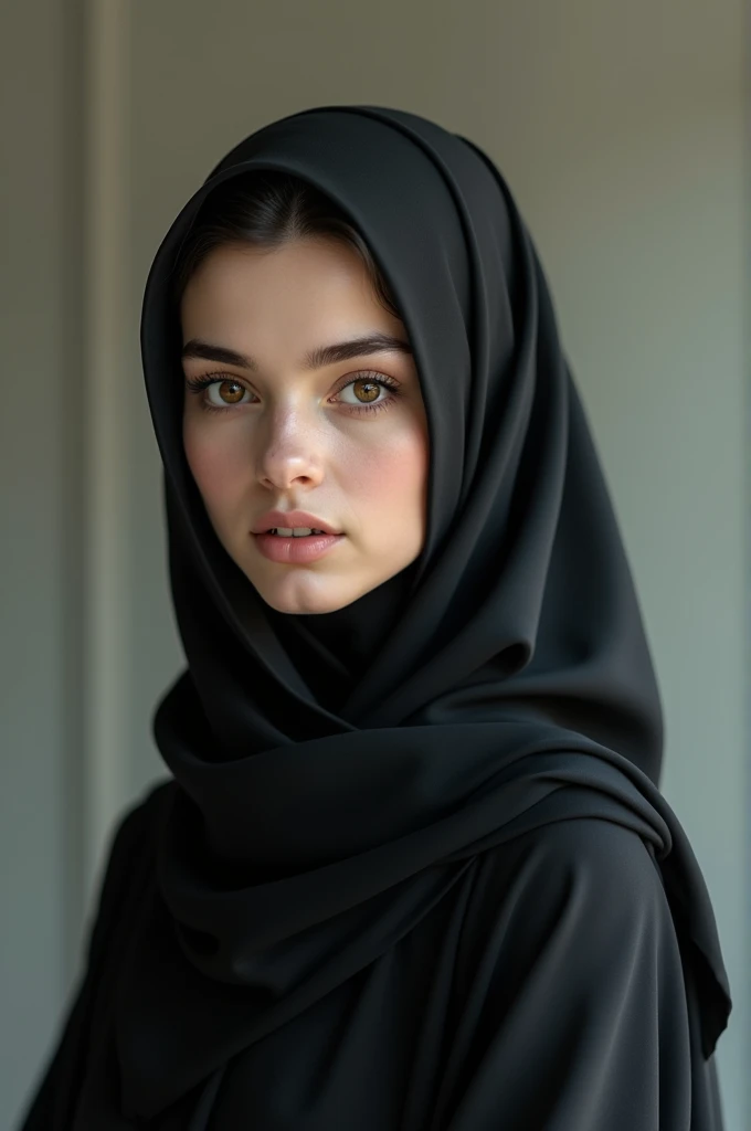 A beautiful girl with black eyes, fair skin and a round face wearing a hijab and a long black modest dress
