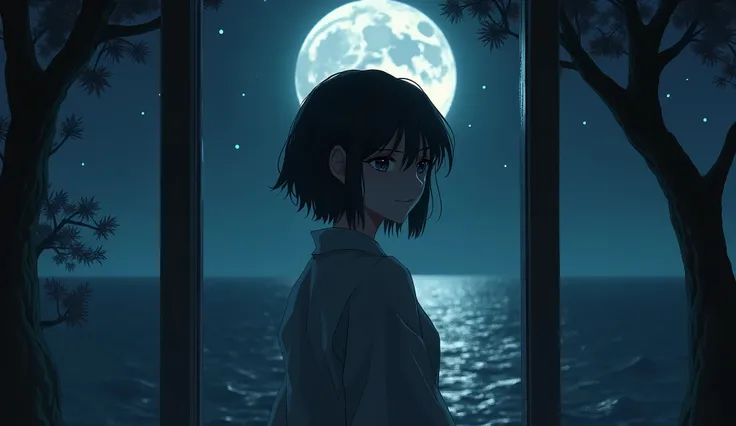 "A close-up of a male or female character sitting in a lonely place in silence, such as in front of a moonlit window or by the sea at night. The character has a deep, sad and nostalgic expression on his face. The moonlight or the light from the stars in th...