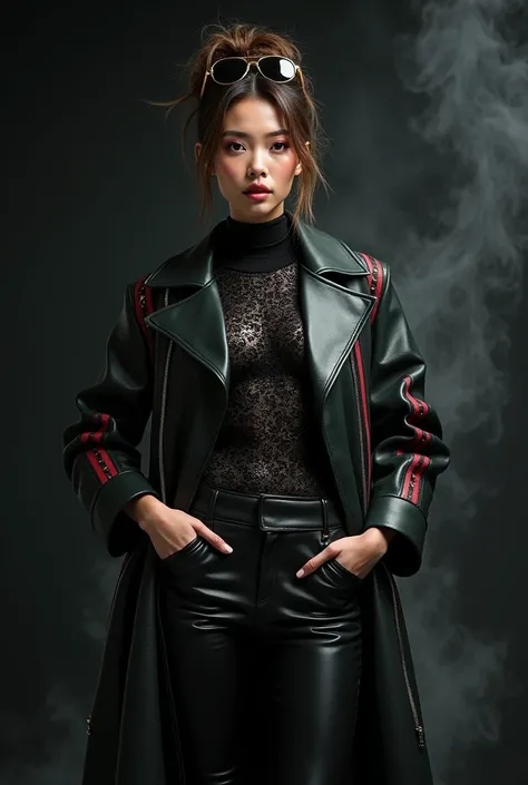 beautiful tanned japanese woman,wearing a very large tight leather vertical black and floral print stripe coat with gucci design dark green and red lines and black sequin fabric turtle neck top tucked inside latex pants, gold zipper, thick eyebrows, photor...