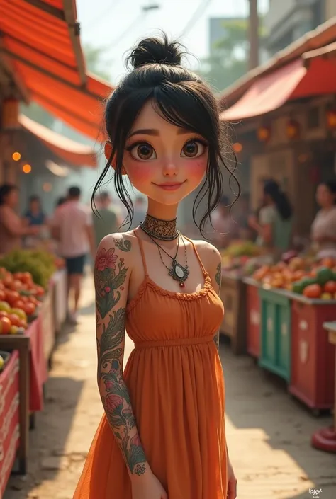 A cute tattoo woman standing in front of the market