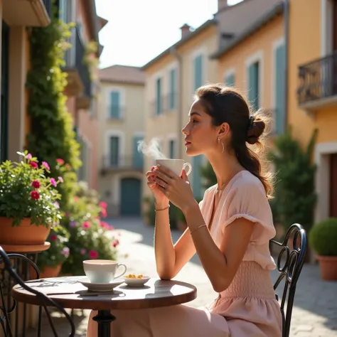  create a series of photos of this woman, drinking coffee in a town in Provence 