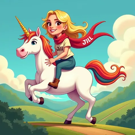 cartoon of a beautiful blonde woman riding a unicorn wearing a scarf that says JILL on her shirt