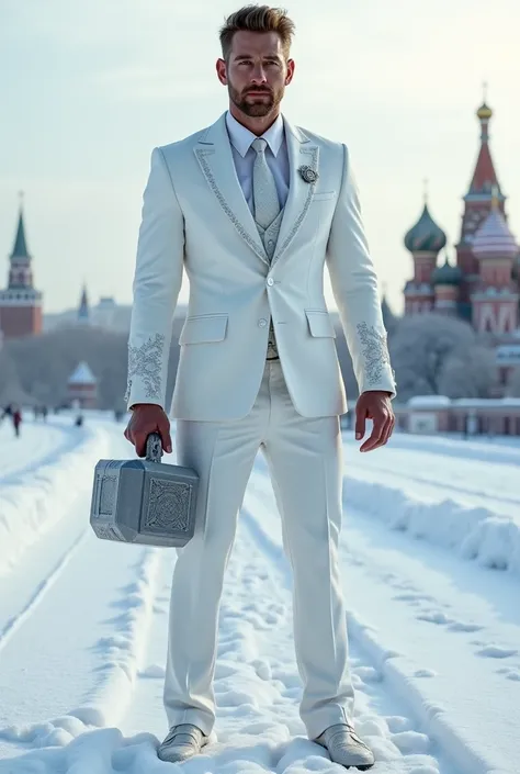 "Imagine Thor dressed in a crisp white suit, tailored with a sleek, modern style, adorned with the Thor insignia on the chest. The suit features subtle details inspired by Russian culture, such as intricate embroidery along the cuffs and collar resembling ...