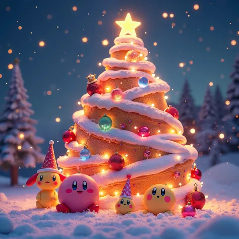 Merry Xmas image 、 A very beautiful Christmas tree decorated with beautifully lit up jewels and precious metals such as diamonds and crystals、 figures of the characters appearing in Kirbys Dream Land wearing Christmas-like costumes 、Made of gemstones and p...