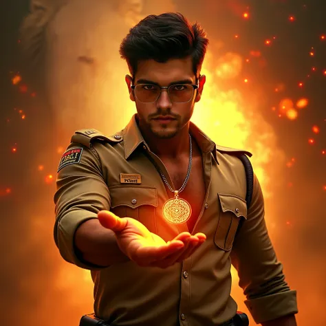 A hyper-realistic Bollywood-style movie poster featuring a muscular Indian police officer wearing a khaki uniform. His unbuttoned shirt reveals a glowing, mystical locket on his chest with intricate digital designs and glowing numbers. The officer extends ...