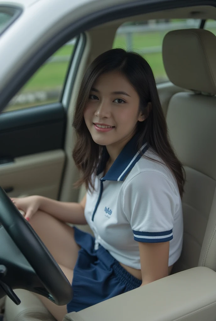  Thai Women,  student uniform, Tight shirt,Short skirt, In the car