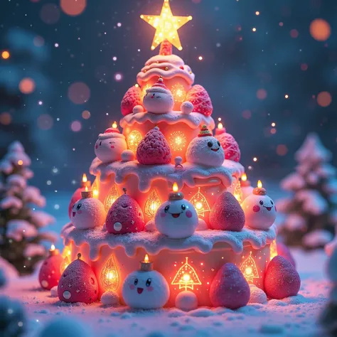 Merry Xmas image 、 A very beautiful Christmas tree decorated with beautifully lit up jewels and precious metals such as diamonds and crystals、 figures of the characters appearing in Kirbys Dream Land wearing Christmas-like costumes 、Made of gemstones and p...