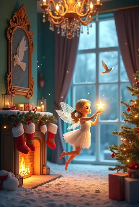 Room with chandelier 
Window with winter landscape 
Little white fairy with golden star in her hand 
fireplace with socks 
Christmas tree 
White dove flies