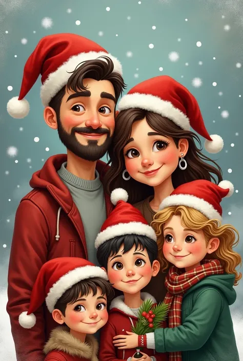  I want to make a Christmas card showing a father with very short dark brown hair,  a brown mother with half hair , both 44 years old .  They are accompanied by their ren ,  a  dark blond boy ,  a brown girl with curly hair of  and a blonde girl of s .  Th...