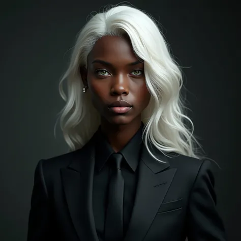 man 20 years old, dark black skin, green eyes, LONG UNDULATED WHITE HAIR,  wearing a black suit, adult,   REALISTIC HIGH RESOLUTION , SLIM REALISTIC PHOTO STYLE , 4K RESOLUTION , Handsome man female face, thin and small nose,  in front 