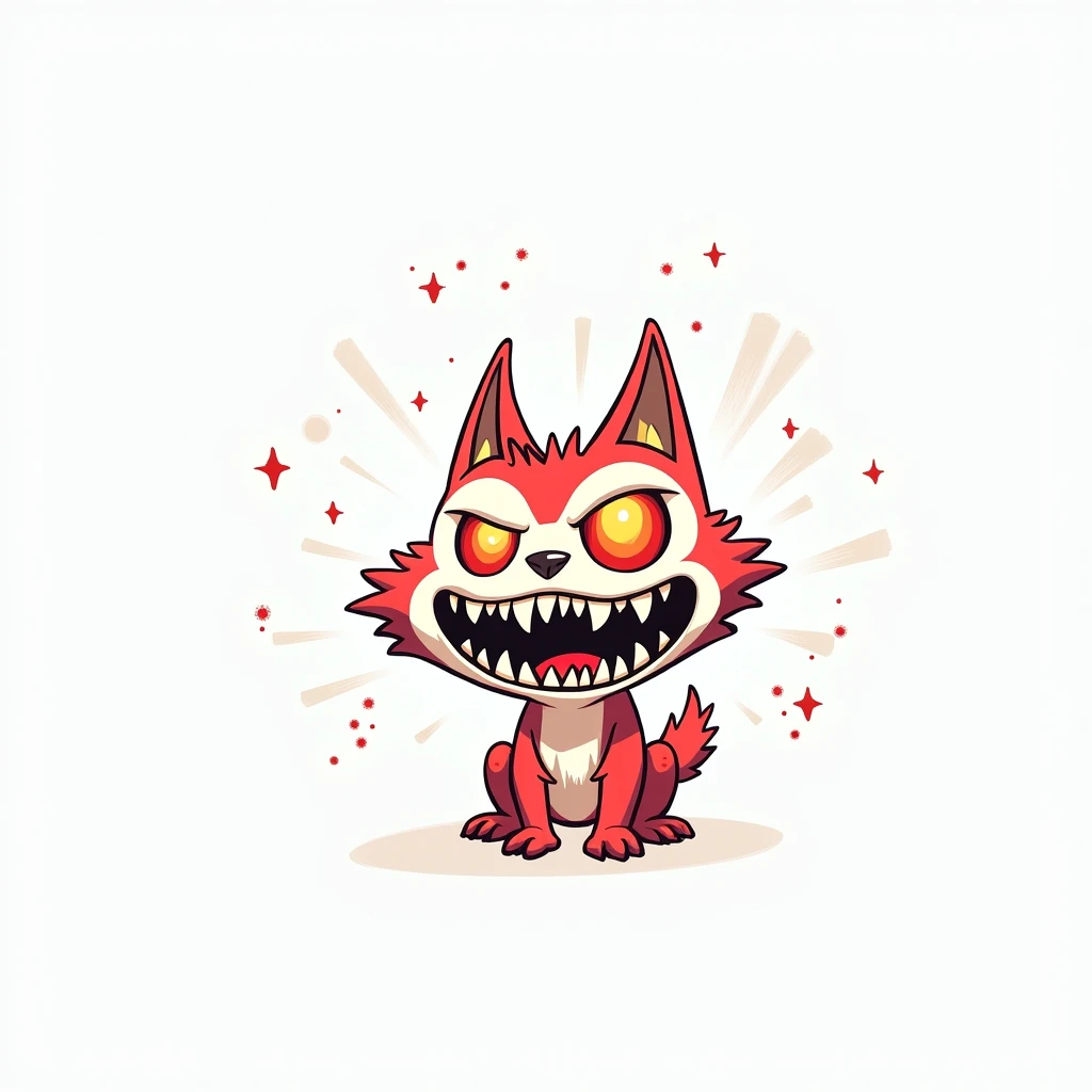 A cartoonish, stylized illustration of a demonic-looking, red canine creature. The creature is centrally positioned within the image against a plain white background. It features large, exaggerated, glowing red eyes, a wide, toothy grin, and sharp, pointed...