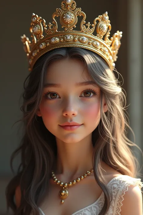 A girl with long hair wears a big crown 