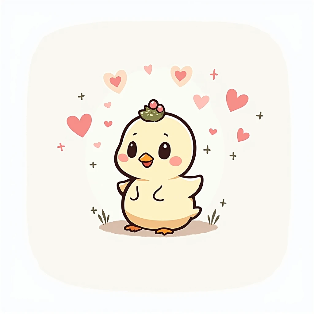 A cartoon chick, centrally positioned, is depicted against a light beige background. The chick is a pale yellow, with large, round, dark eyes and small, rosy-pink blush marks on its cheeks. It has a small, simple beak and is holding its hands together slig...