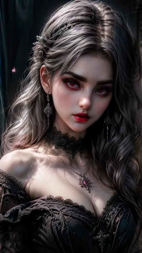 A highly detailed, cinematic, photorealistic portrait of a beautiful gothic woman with short, flowing, wavy hair in vibrant hues of magenta and purple, softly illuminated by dynamic pink and blue lighting. Her pale porcelain skin contrasts with her dark, i...