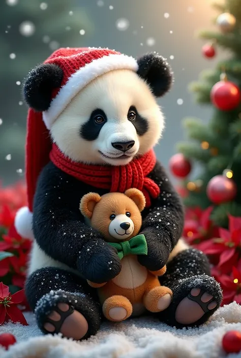 baby black and white panda holding a mini teddy bear at chest, wool santa wear, red green wool knitted scarf, christmas hat, background snowing, pine trees, warm light, london bridge, sitting on a red and green poinsettia flowers, christmas tree with color...