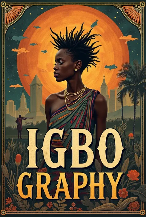 Create an image of a poster labelled "IGBOGRAPHY* in a large bold font. Background to have philosophy, poetry, culture, tradition, cosmology, language