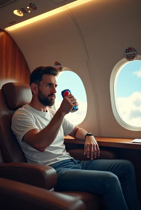 Messi drinking pepsi in a plane