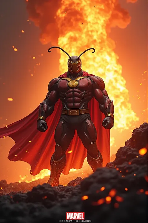 Crie uma imagem de um super-herói chamado Captain Larva ,  that is inside an erupting volcano .  The animation must be realistic and the title must be written in Portuguese: "Captain Larva ",  with the Marvel symbol .  Add the phrase  "coming soon to theat...