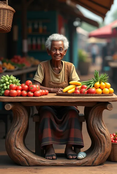 A 3D graphic drawing of a black old woman sitting down behind her fruits and vegetables stall table that below her knees made of rusted wood that curved CREATIVE as table front support structure 