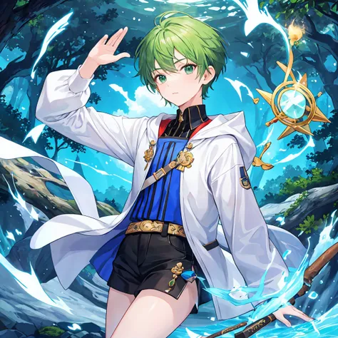 Short-haired male student with green hair is testing his magic wand in the deep woods