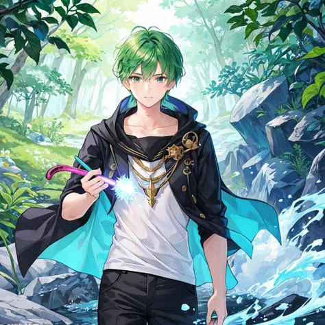 Short-haired male student with green hair is testing his magic wand in the deep woods