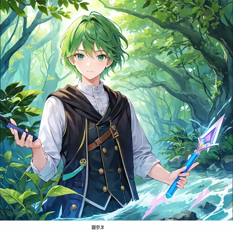 Short-haired male student with green hair is testing his magic wand in the deep woods