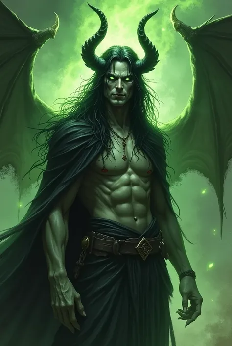 A demon man with long wavy black hair, green eyes, long twisted horns, with green aura and flames, light grey skin and in medieval art style