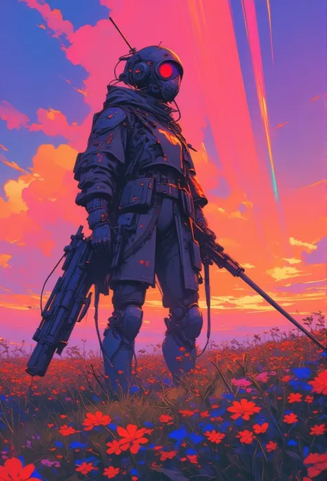 Robot girl in a gas mask with a machine gun in a field of flowers ,Aurora in the sky ,Cyberpunk Art by Mike "Beeple" Shopman , amazing realism, retro punk nature wave defender, masterpiece      Spectacular Retrowave Art , 2009 SF8K movie synthwave art styl...