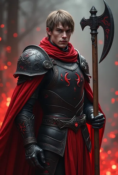 Male white skin asgaurdian god of destruction. Straight short Brown hair. Black steel armour with red engravings and red cloak. Death and destruction god. Holding black steel axe with red engravings red aura and handle made of a straight piece of wood. Men...