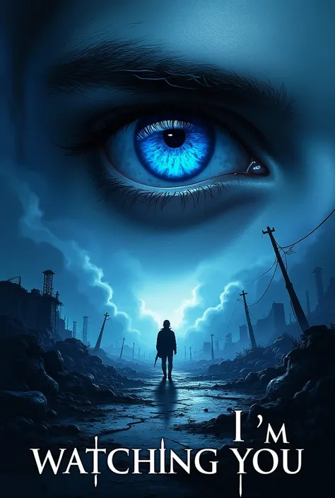 Dark romance book cover with a blue male eye in the center of the book and with an apocalyptic but beautiful background with the title IM WATCHING YOU on the cover. 