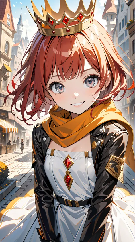 solo girl, mid teens, evil grin, (shiny skin, pretty face, big gray eyes, red short hair:1.3), (gold crown, orange scarf, leather jacket, white dress), small breasts, beautiful fingers, (masterpiece, ultra detailed, top quality), anime, medium shot, fantas...