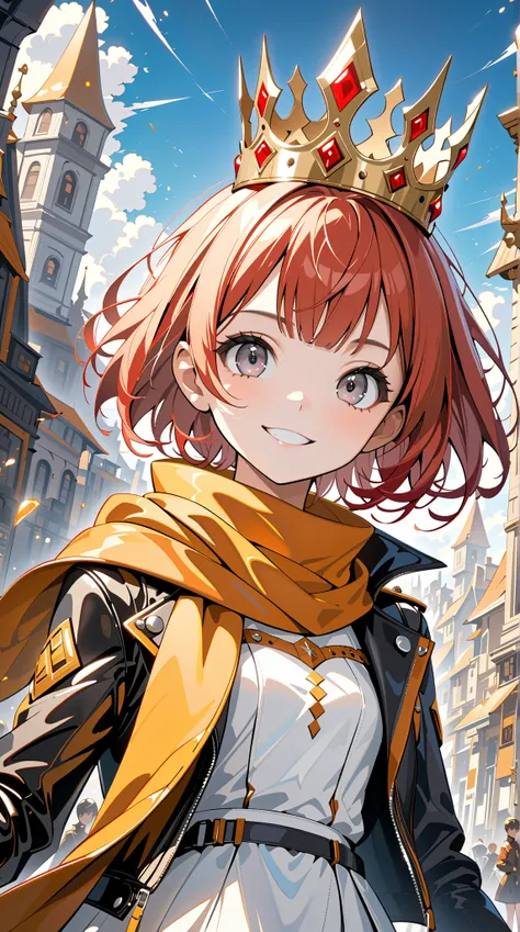 solo girl, mid teens, evil grin, (shiny skin, pretty face, big gray eyes, red short hair:1.3), (gold crown, orange scarf, leather jacket, white dress), small breasts, beautiful fingers, (masterpiece, ultra detailed, top quality), anime, medium shot, fantas...