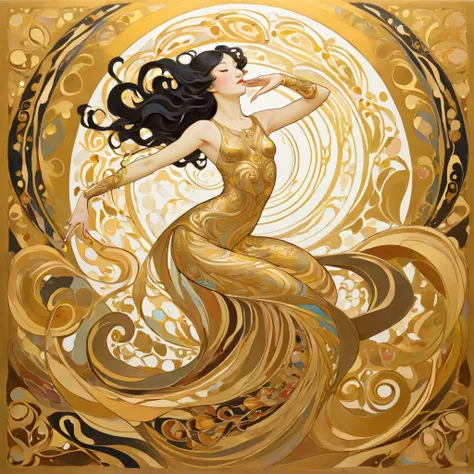  Hallucinatory, Tsuruta Ichiro Style Beauty Painting , Hypnotic Patterns , Abstract, Euphoric,  Fluid Shapes , Art Nouveau Painting , Thanksgiving, gold, passion,  flat illustration .  negative space in the shape of a dancing womans body. goddess,  upper b...