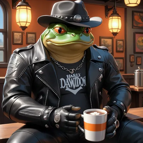 Closeup, Studio Ghibli Cartoon, an extremely badass anthropomorphic light blue and white bullfrog wearing an insanely cool black leather Harley Davidson biker jacket open, black fedora, black shirt, black leather biker gloves, black leather biker pants, gi...