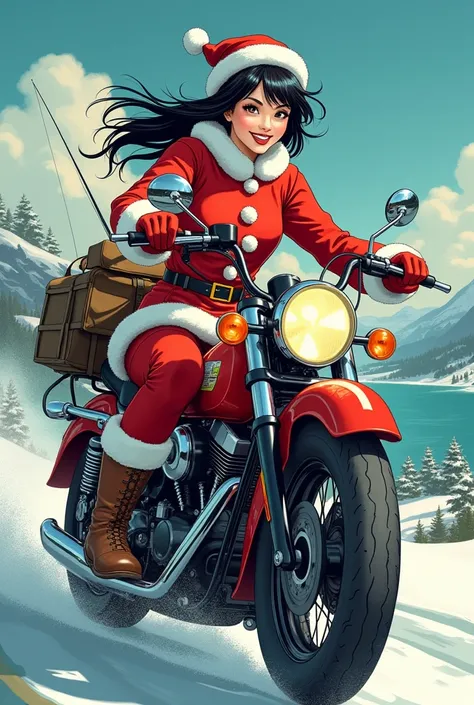   high res ,   Energetic Japanese Beauty   　smile,    black hair,  Messy shortcuts ,     Ride a Christmas-colored motorcycle loaded with fishing tackle　 Santa Claus Outfit Heading to the Reservoir 　    pop art   
