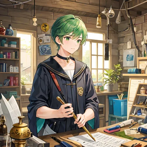 A short-haired male student with green hair is preparing a magic wand in the workshop