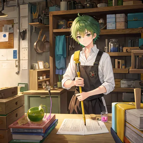 A short-haired male student with green hair is preparing a magic wand in the workshop