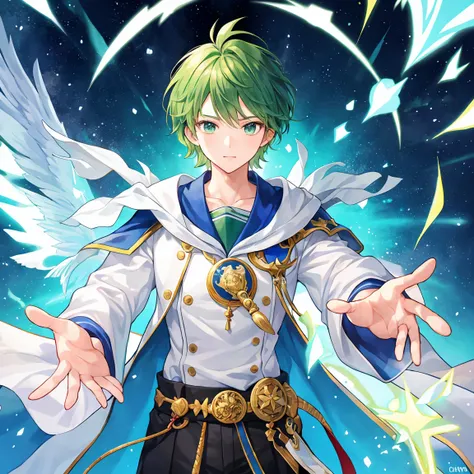 A short-haired male student with green hair is generating a large ball of light on the tip of a magic wand