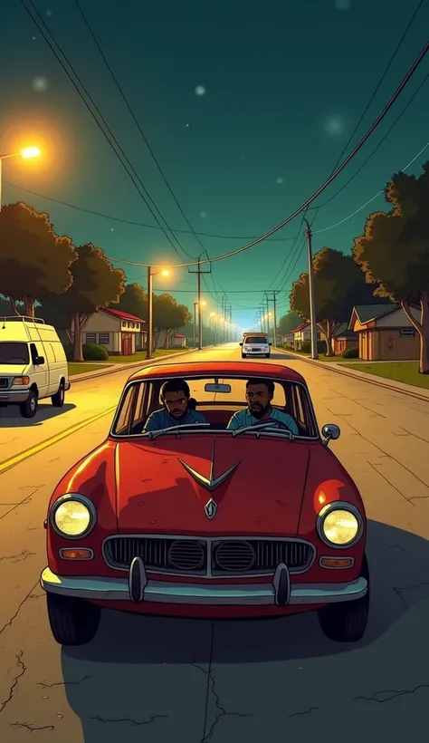 **Prompt:**  
"An old red car , visibly worn,  approaches a white van parked in an open space at night .  The environment is illuminated by yellowed street lights and some colorful lights from a party in the background. inside the car,  it is possible to s...