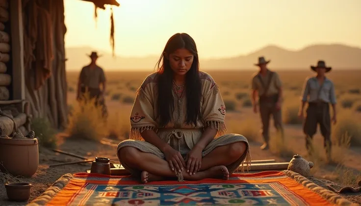 A Nouvelle Vague-inspired cinematic still set during the American Westward Expansion, featuring a Native American artisan weaving a ceremonial blanket. The scene takes place in a rustic, open-air setting, with the weaver seated cross-legged on a wooden pla...