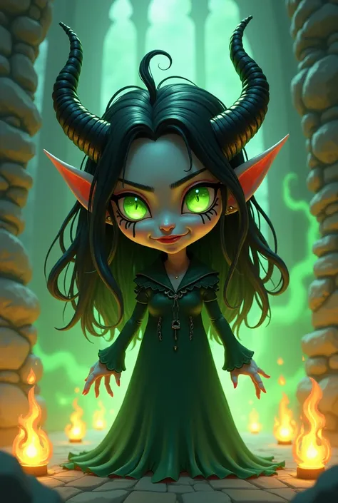 A demon man with long wavy black hair, green eyes, long twisted horns, with green aura and flames, light grey skin and in cartoony medieval art style