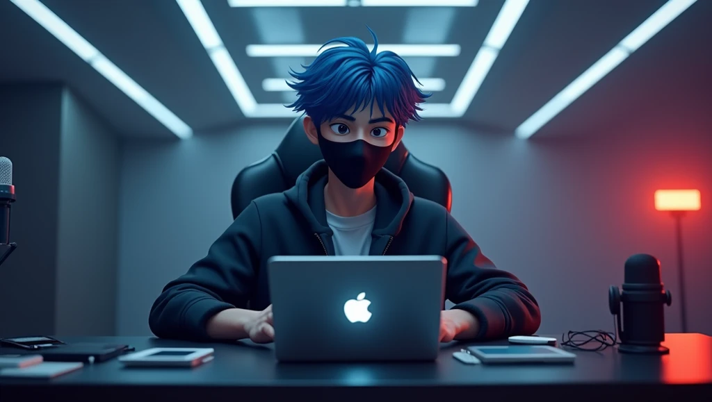 3d realistic cartoon A young hansome man with blue, slightly disheveled hair sits in a boss chair in the center of a dark, futuristic room, facing forward, working on a shiny silver MacBook with the Apple logo slightly glowing on it. He is wearing a black ...