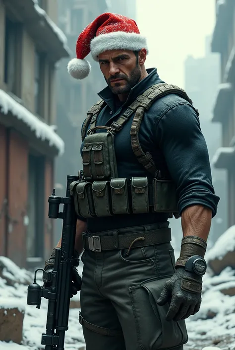 Chris Redfield wearing a Christmas hat  , a black long-sleeved shirt and black military pants holding a sniper rifle against an apocalyptic Christmas background 