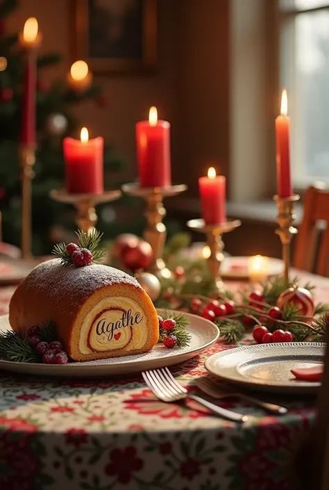 Table de Repas de noel dans une ambiance chaleureuse sans aucune personne,avec une bûche de Noël ou est écrit e prenon "Agathe" avec un rendu photo realiste
