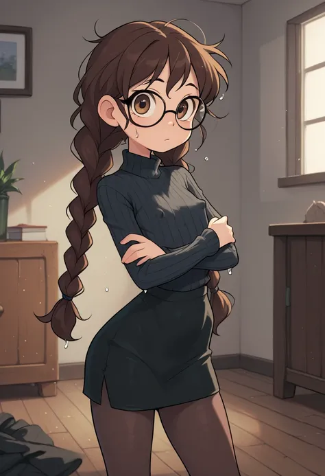 Small girl, young, (solo 0.6), dark brown hair, braids, twintails, messy braids, puffy hair, messy hair, very long hair, brown eyes, skinny body, slender body, thin waist, flat chest, indoors, (solid black sweater 0.9), black sweater, tight sweater, solid ...