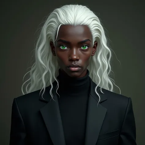 man 20 years old, dark black skin, green eyes, LONG UNDULATED WHITE HAIR,  wearing a black suit, adult,   REALISTIC HIGH RESOLUTION , SLIM REALISTIC PHOTO STYLE , 4K RESOLUTION , Handsome man female face, thin and small nose,  in front 