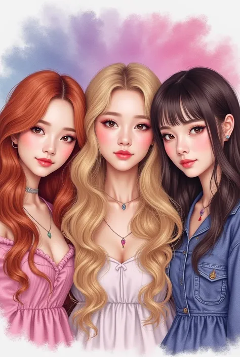  A Korean drawing of 3 female pop artists, the first , has wavy long strawberry blond hair, and fairy-like makeup, the second is on the left side she is a female pop artist with styled and dyed blond hair, makeup, smiling,she has a small rose tattoo on her...